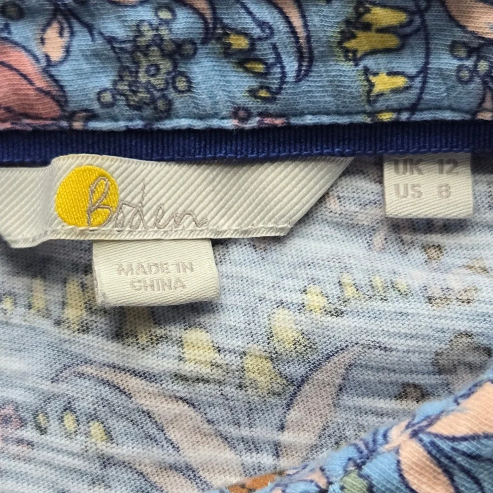 Boden Blue Floral Cotton Slub Jersey Puff Sleeve Button Front Top US 8